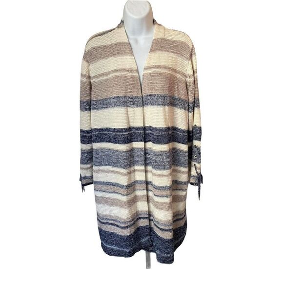 chico’s Striped Lace Up Sleeve Open Long Cardigan 2 Large - Picture 1 of 7